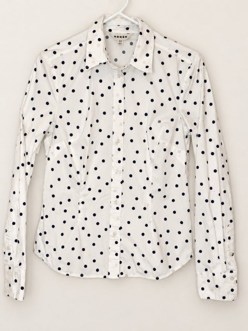 Boden Saskia Stretch Cotton Shirt 6R Ivory Black Polka Dot Button Down